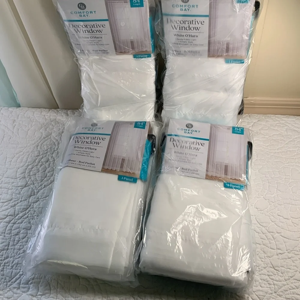 Comfort Bay 4 piece White Decorative sheer Window 60w x 84 L Curtain panels NEW
